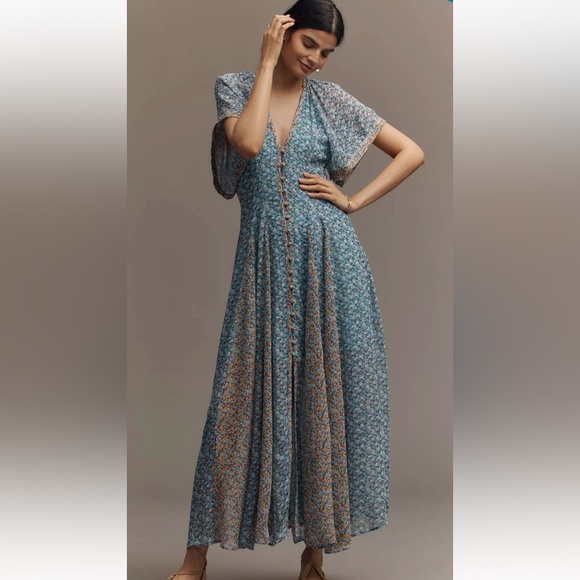 Anthropologie Dresses & Skirts - Anthropologie Maeve Floral Blue V-Neck Button-Front Maxi Dress